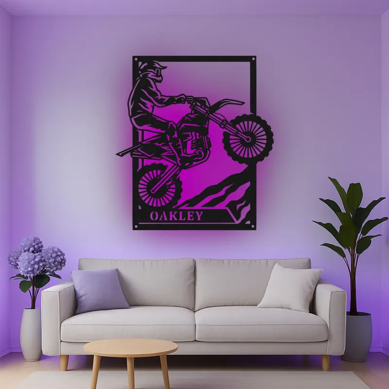 Décoration murale en métal personnalisée pour motocross avec rétroéclairage LED - Cadeau pour lui, décoration de garage ou de man cave