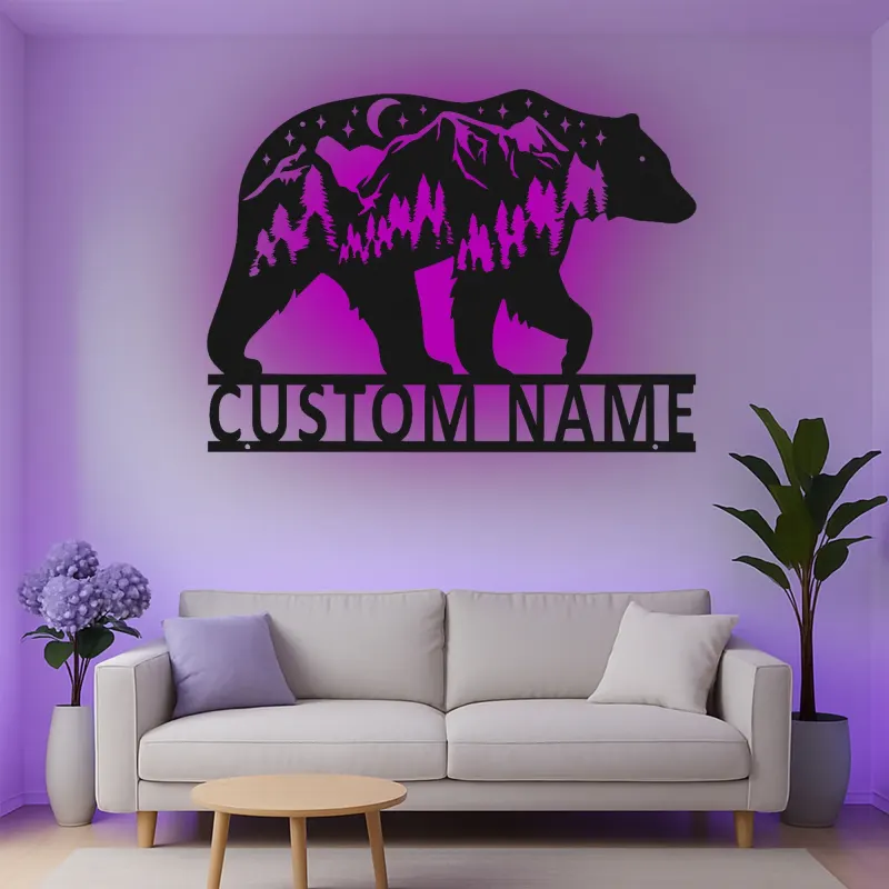 Décoration murale en métal personnalisée avec éclairage LED Forêt d'Ours Cadeau pour Amateurs de Nature Décor de Cabane ou Salon