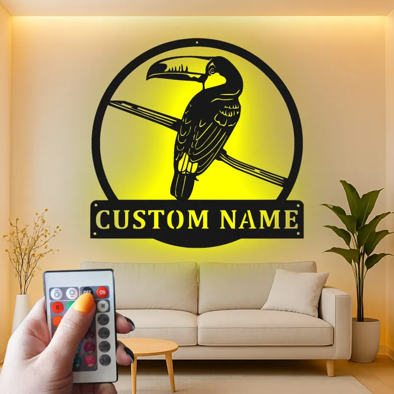 Cartel de metal personalizado de tucán | Arte mural LED con nombre | Decoración de vida salvaje exótica para hogar y negocio | Regalo personalizado para amantes de las aves