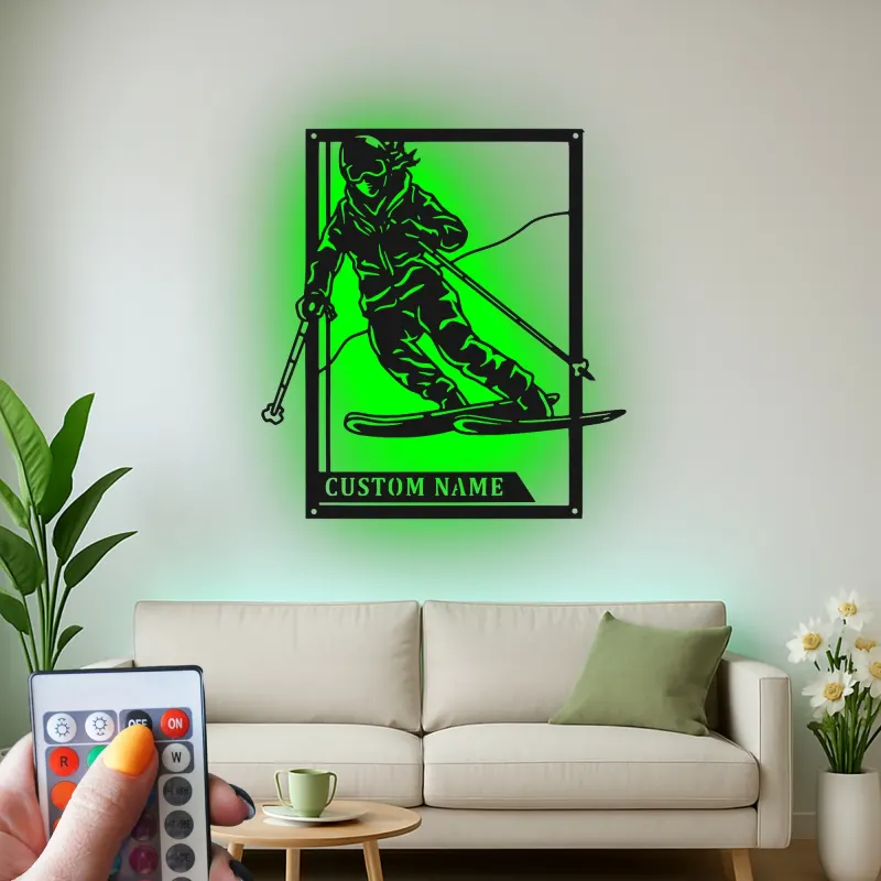 Custom Skier Led Light Metal Wall Art Personalized Skiing Gift for Winter Sports Enthusiasts Game Room Decor