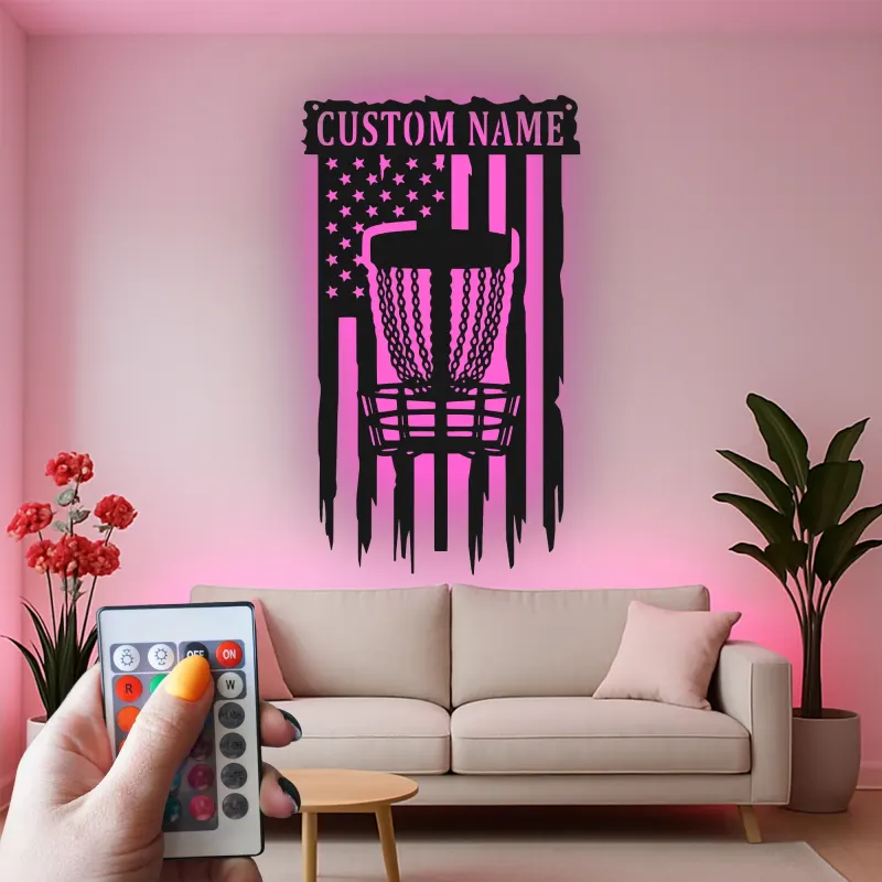 Insegna in metallo personalizzata con LED a forma di cestino per disc golf - Regalo per appassionati di disc golf - Decorazione per sala giochi sportiva