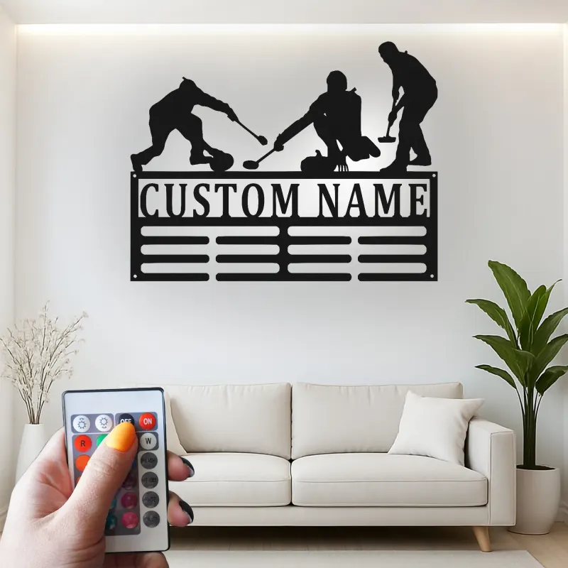 Personalisierte LED-Metall-Wandkunst für Curling-Teams – Sportgeschenk für Athleten, Deko fürs Spielzimmer