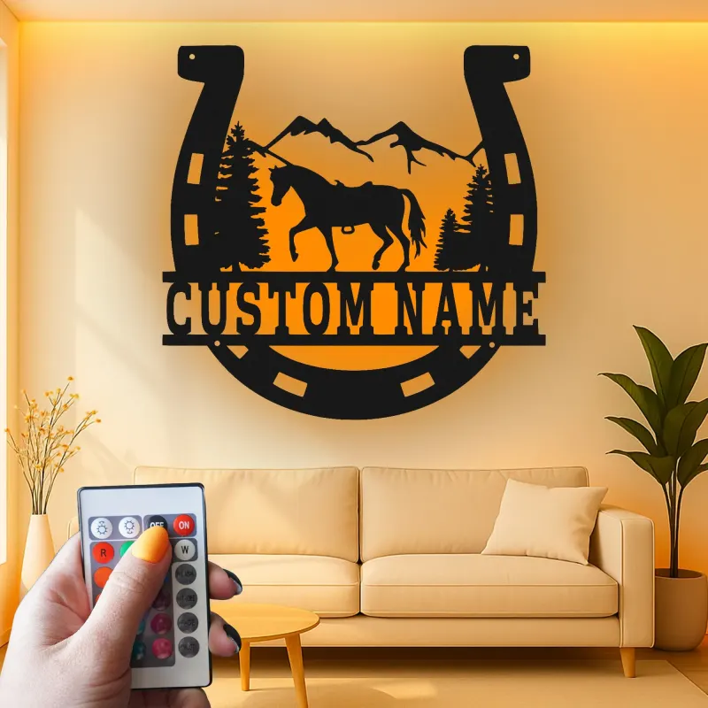 Insegna per Cavalli Personalizzata con LED | Insegna in Metallo a Forma di Ferradura | Decorazione Rustica per Ranch e Regalo Equestre