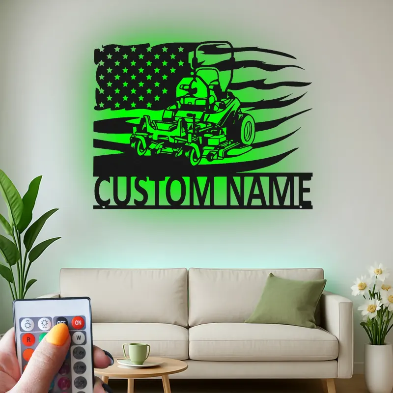 Cartel de Metal de Cortacésped | Decoración LED Personalizada para Paisajistas | Decoración de Bandera Americana con Nombre Personalizado | Regalo para Garaje y Jardín