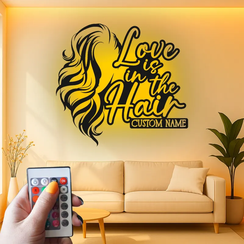 Custom Hairstylist LED Sign | Personalized Metal Wall Art for Salon Decor | Love is in the Hair Light Up Nameplate