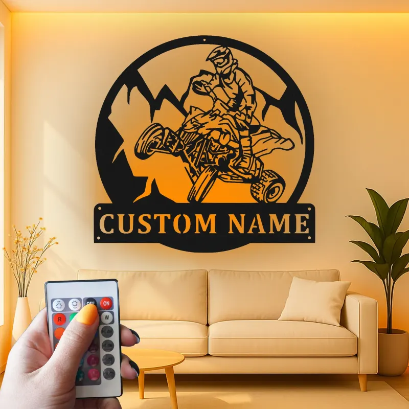 Décoration murale en métal personnalisée pour conducteur d'ATV avec rétroéclairage LED - Cadeau d'aventure pour les passionnés de tout-terrain, décoration de garage ou de man cave
