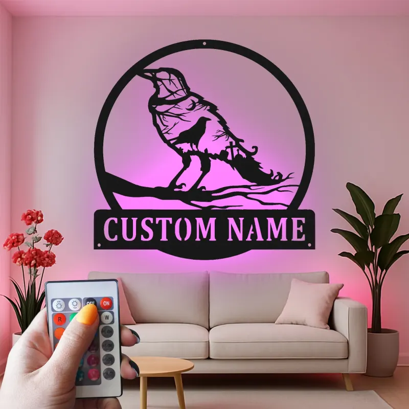 Cartel de metal LED de cuervo personalizado, regalo único para amantes de la naturaleza, acento decorativo para el hogar