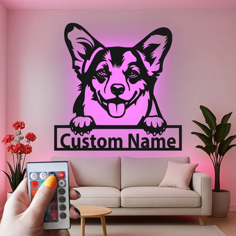 Décoration murale en métal LED personnalisée Corgi - Cadeau pour amoureux des chiens - Décor pour salon