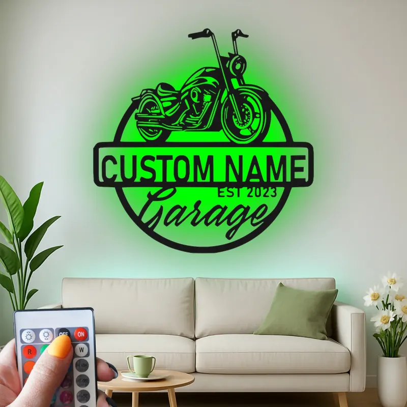 Panneau LED Moto Personnalisé | Décor Garage Biker Personnalisé | Art Mural Métallique pour Man Cave | Cadeau pour Lui