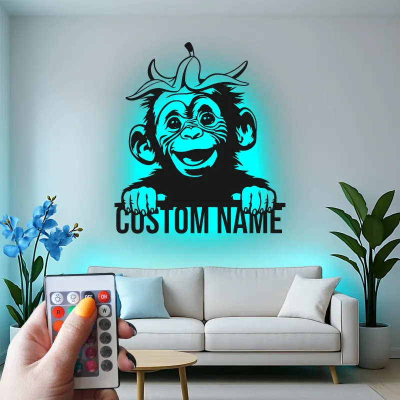 Personalisierte Schimpansen Namensschild | LED Metall-Wandkunst | Lustiges Affenlicht für Kinderzimmer & Babyzimmer | Individuelle Tierdekoration