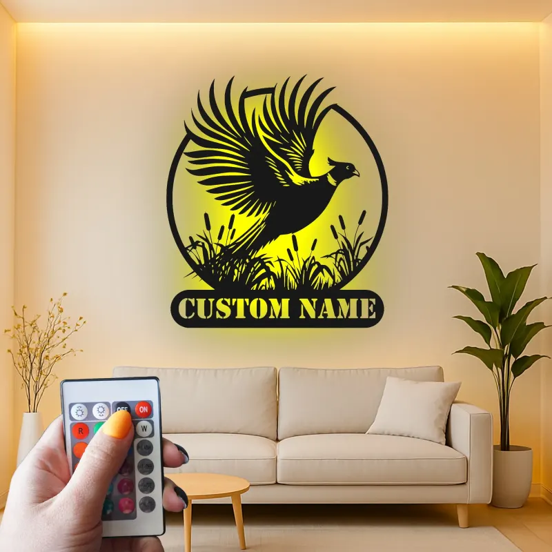 Arte da parete personalizzata con fagiano | Insegna LED in metallo su misura per cacciatori | Arredo per rifugio e lodge