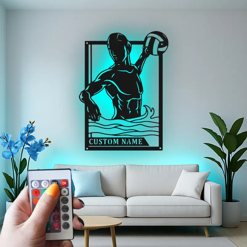 Custom Water Polo Player Led Light Metal Wall Art Personalized Sports Gift for Athletes Game Room Decor