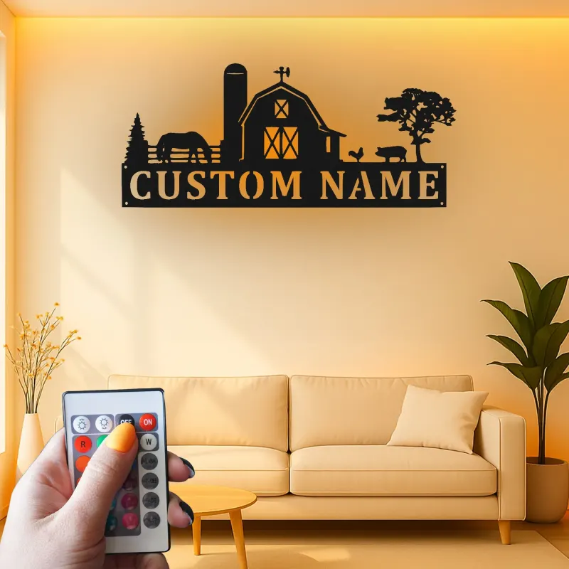 Personalized Farmhouse Sign with LED | Custom Metal Barn Art for Family Name | Rustic Country Home Decor & Farmer Gift