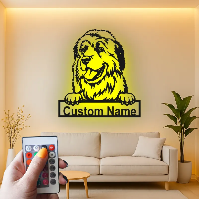 Cartel de metal personalizado con luz LED de perro de Terranova, regalo para padres de mascotas, decoración de salón de perros