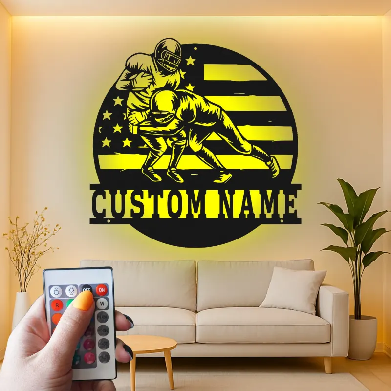 Arte Mural de Metal de Fútbol Personalizado con LED | Cartel de Nombre Personalizado para Man Cave o Habitación de Adolescentes | Regalo para Jugador de Fútbol Americano