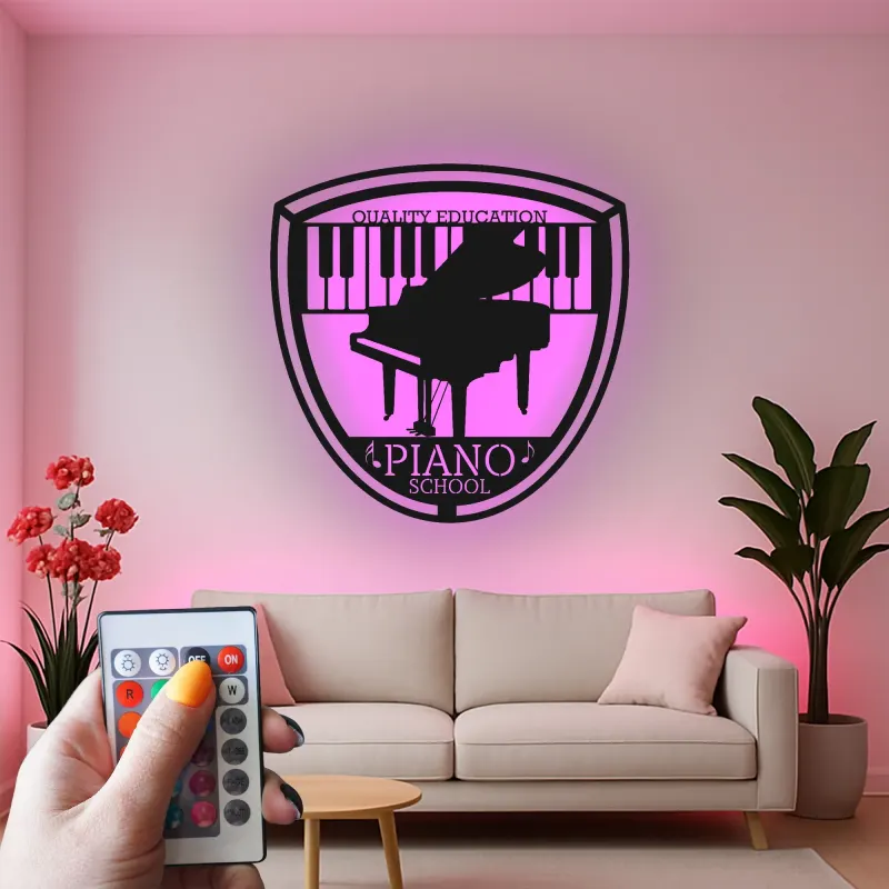 Insegna LED in metallo con pianoforte a coda | Logo personalizzato per scuola di musica | Arte da parete vintage per arredo studio
