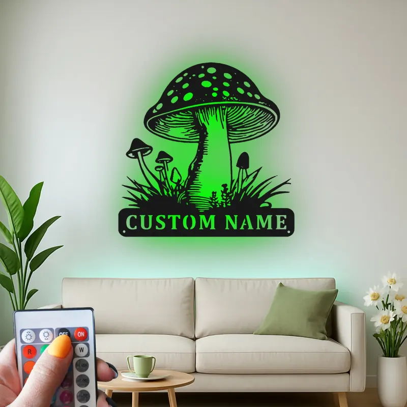 Personalisierte Pilz-Metallschild | LED Fungi Wandkunst | Vintage Wald Dekor für Naturliebhaber | Geschenk für Büro & Zuhause