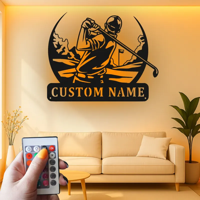 Insegna in metallo personalizzata per golfista con LED | Decorazione murale golf su misura | Arredo per man cave e regalo originale per amanti del golf