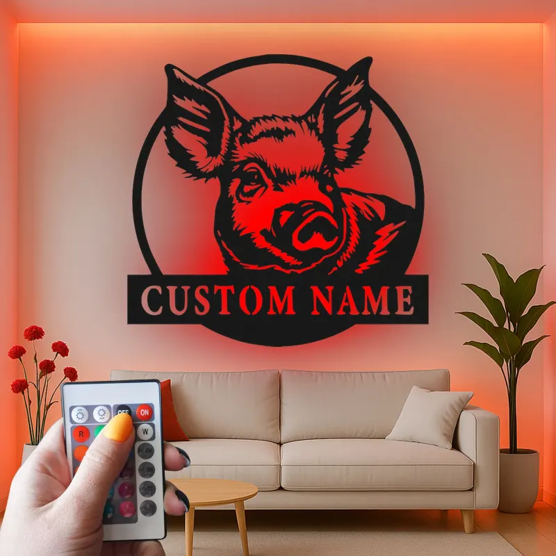 Cartel LED de retrato de cerdo personalizado | Decoración de granja personalizada | Arte mural de metal rústico para granero o hogar de campo moderno