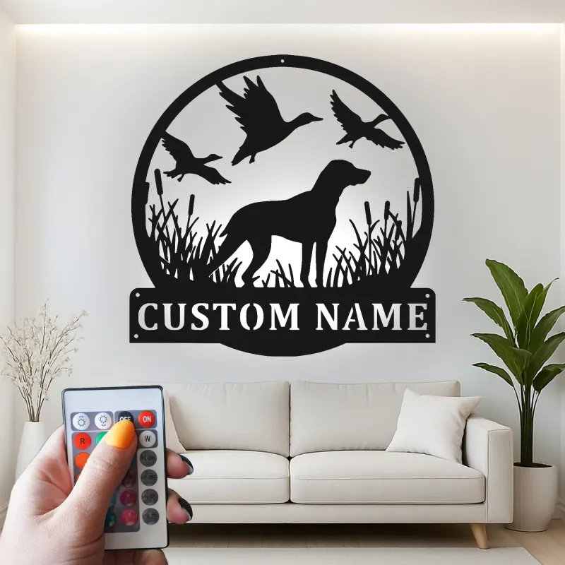 Insegna per Cacciatore Labrador Retriever | Insegna in Metallo LED Personalizzata | Regalo per Cacciatori e Decorazione per Cani