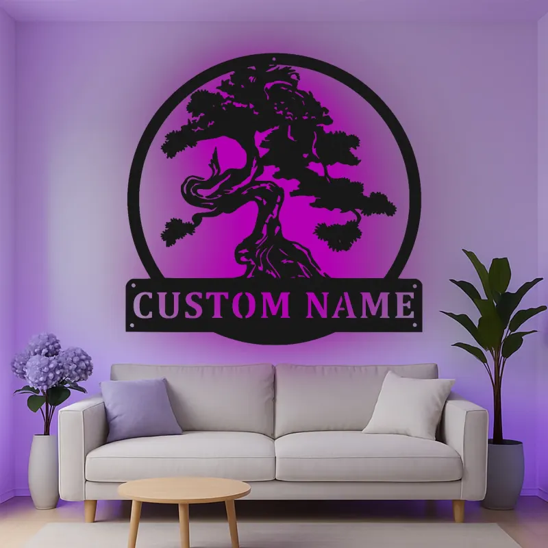 Cartel de metal personalizado con luz LED de árbol bonsái para regalo zen para hogar, decoración de sala de estar tranquila