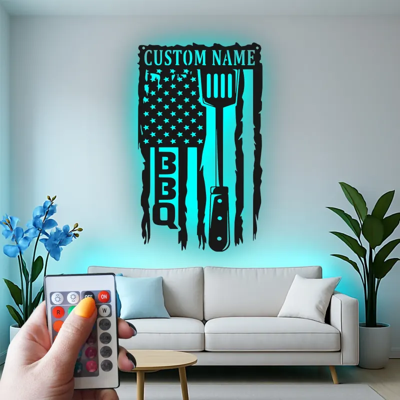 Cartel de metal personalizado con espátula BBQ y luz LED, regalo para el maestro de la parrilla, decoración para el patio exterior
