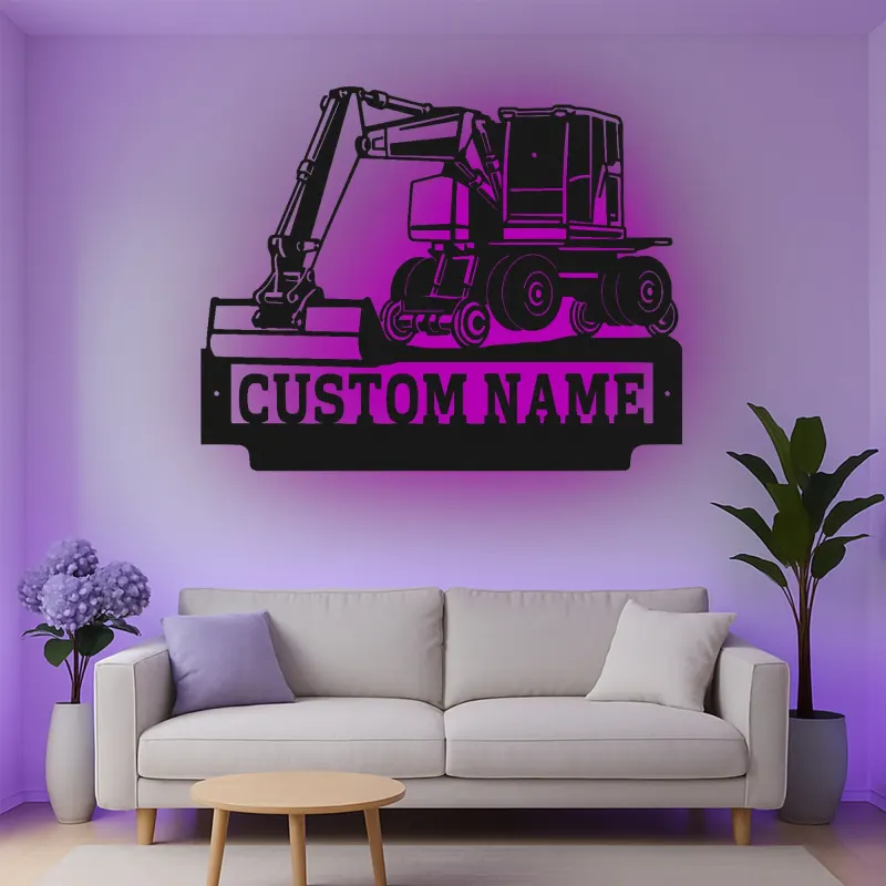 Personalisierte LED-Metall-Wandkunst mit Bagger-Motiv – Geschenk für Bauprofis, Garage oder Werkstatt 3