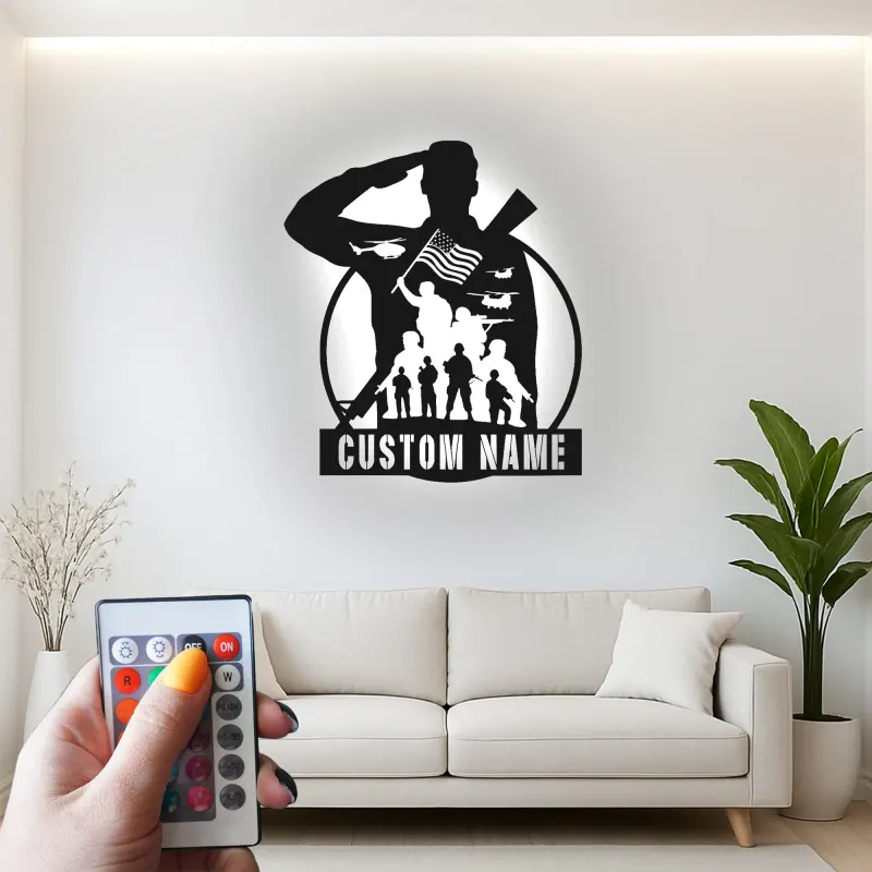 Insegna LED Silhouette Soldato Personalizzata | Insegna in Metallo Fatta a Mano | Tributo Patriottico ai Militari e Regalo per Veterani