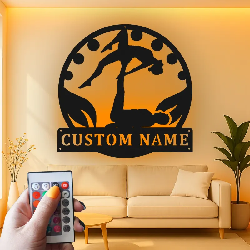 Décoration murale en métal LED personnalisée pour couple de yoga acrobatique - Cadeau unique pour les amoureux du yoga - Décor de chambre ou de studio