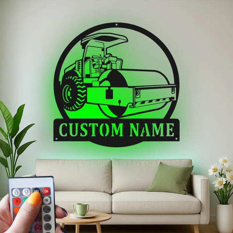 Enseigne de construction Rouleau de route | Décoration murale en métal LED personnalisée | Décor de machines lourdes pour garage ou bureau