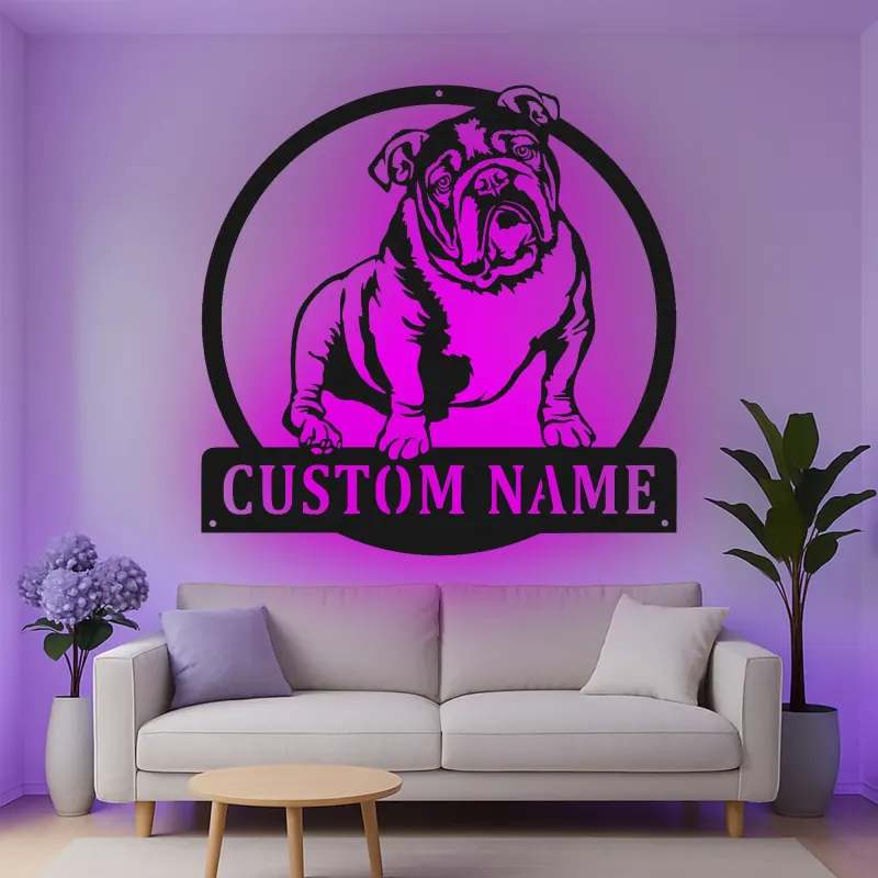 Insegna in metallo LED personalizzata con bulldog - Regalo per amanti dei cani e decorazione per soggiorno