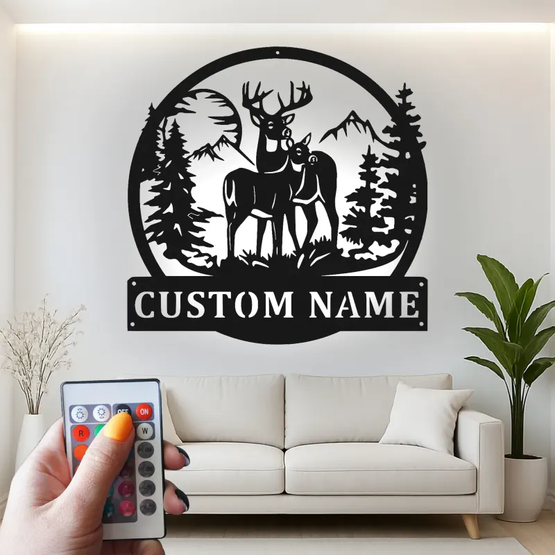 Décoration murale en métal personnalisée avec éclairage LED pour la famille de cerfs - Cadeau personnalisé pour les amoureux de la nature et le décor de cabane rustique