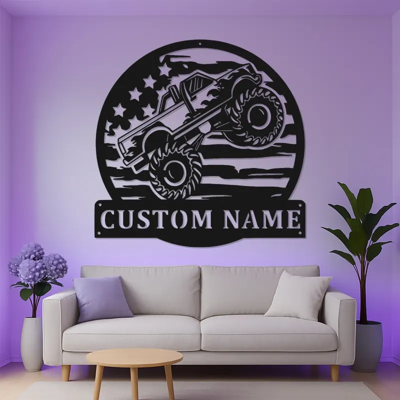 Panneau LED Personnalisé Monster Truck | Décoration Murale en Métal pour Garage ou Chambre de Garçon | Cadeau Décor Off-Road pour Lui