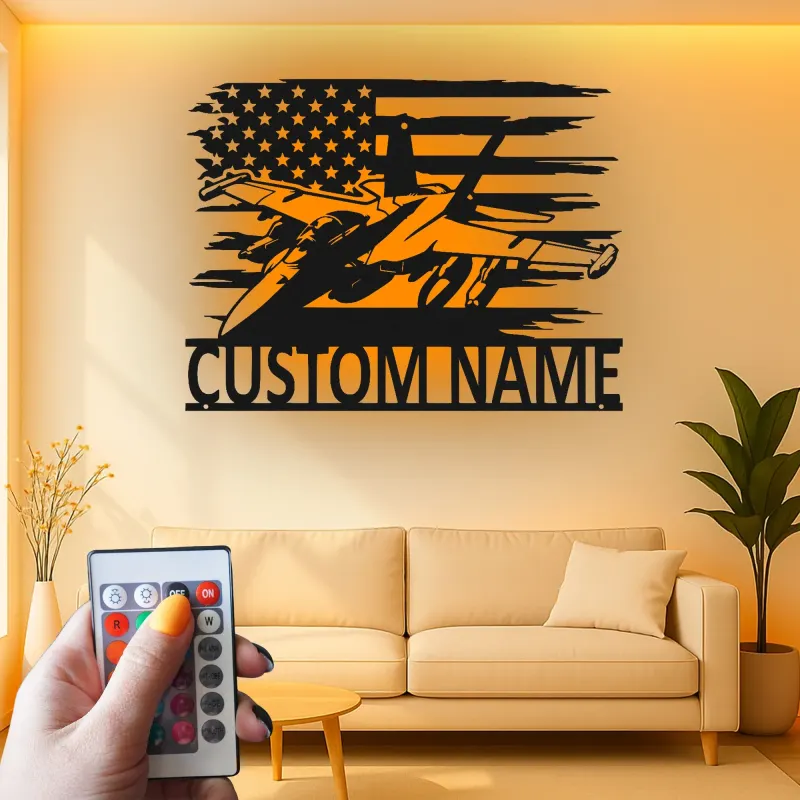 Insegna in metallo personalizzata con jet da combattimento | Arte murale LED personalizzata per pilota | Decorazione per sala hobby militare con bandiera USA