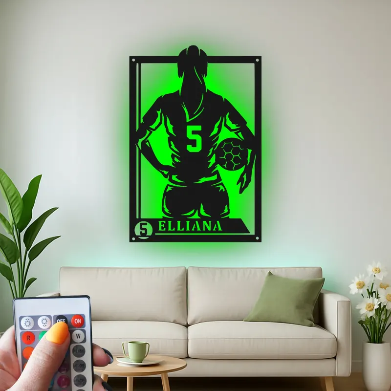 Cartel de metal personalizado con luz LED de jugador de fútbol, regalo personalizado para aficionados al fútbol, decoración para dormitorio deportivo