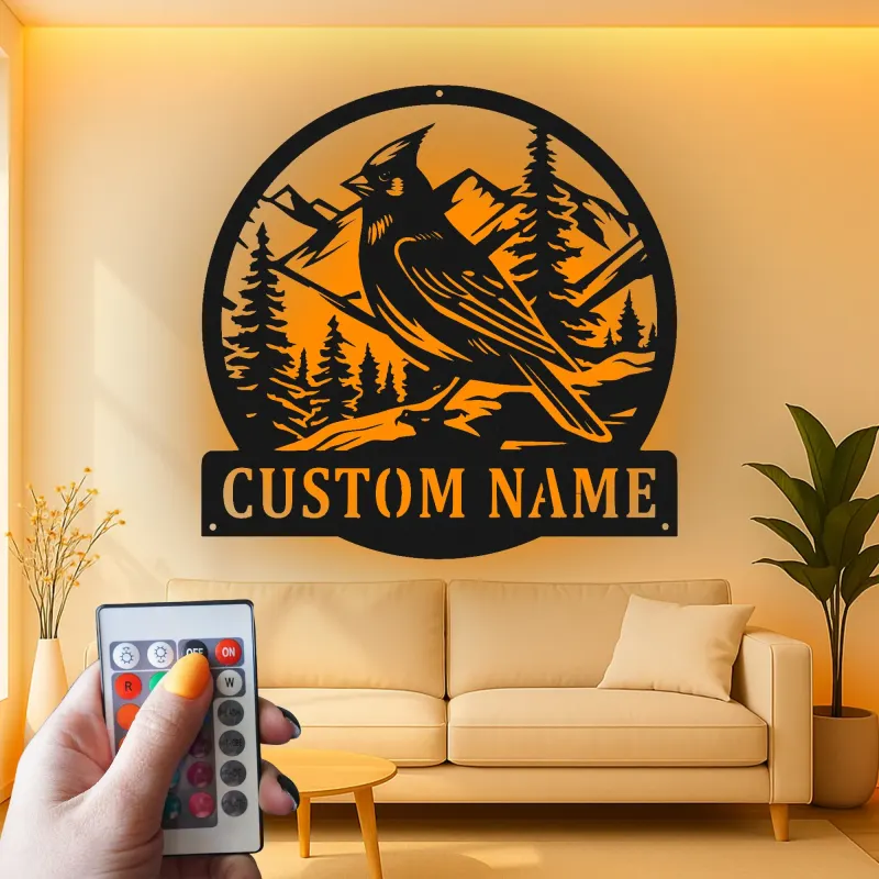 Personalisierte Kardinal-Mountain-Szene LED-Metall-Wandkunst – Geschenk für Naturliebhaber, für Hütte oder Wohnzimmer