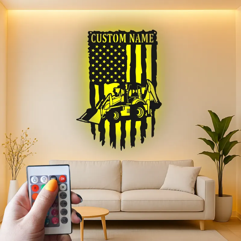 Cartel de metal personalizado con luz LED de cargadora retroexcavadora regalo para él decoración de garaje o taller
