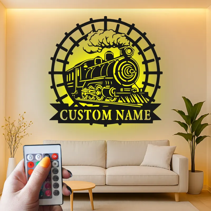 Décoration murale en métal personnalisée de train à vapeur avec rétroéclairage LED - Cadeau pour passionnés de trains, décoration pour man cave ou bureau