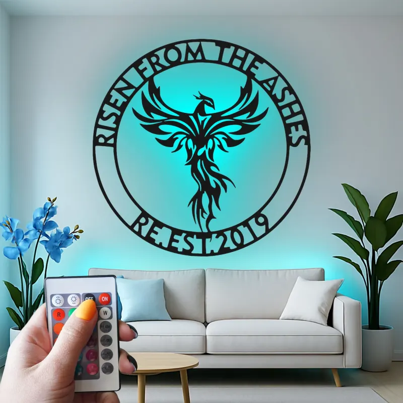 Panneau Métallique LED Phoenix Éveillé | Décoration Murale Personnalisée pour Logo d'Entreprise | Décor Inspirant pour Bureau et Studio