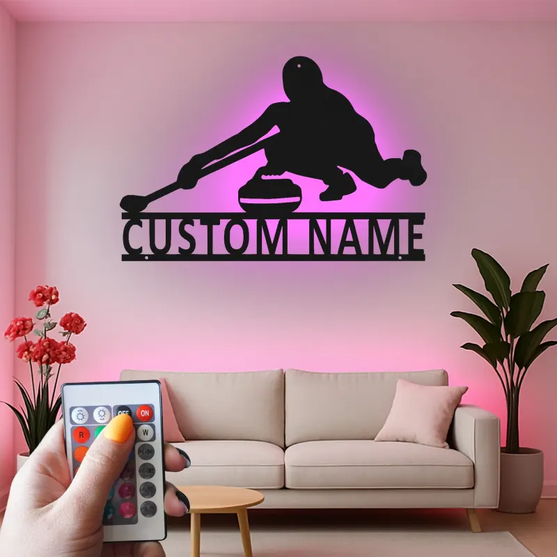 Insegna in metallo personalizzata con luce LED a tema giocatore di curling regalo per appassionati di curling decorazione per sala giochi