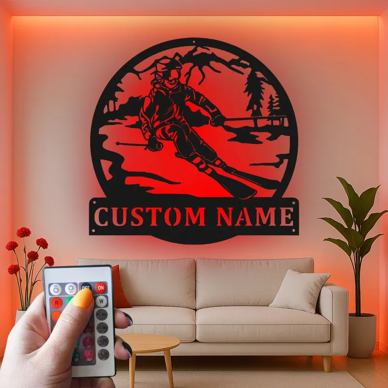 Cartel de metal LED esquiador personalizado regalo de esquí para entusiastas de deportes de invierno decoración de cabaña o refugio 1