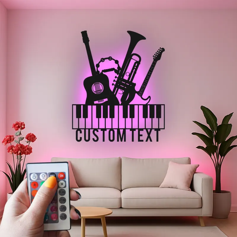 Insegna per Studio Musicale Personalizzata | Arte in Metallo LED per Musicisti | Decorazione Silhouette Strumenti Personalizzati | Regalo per Chitarra, Pianoforte, Tromba