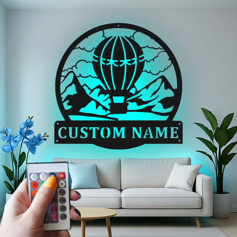 Panneau en Métal Montgolfière Personnalisé | Art Murale LED pour Nurserie | Décor d'Aventure et de Voyage Personnalisé