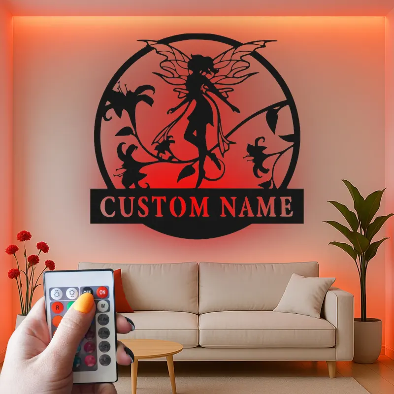Personalisierte Feen-Namensschild | LED Metall-Wandkunst für das Mädchenzimmer | Individuelle Babyzimmer-Dekoration | Verzauberndes Feen-Garten-Geschenk