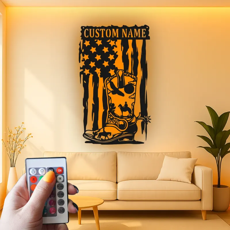 Personalisierte Cowboy-Stiefel LED-Metall-Wandkunst – Western-Geschenk für Ihn, rustikale Man-Cave-Deko