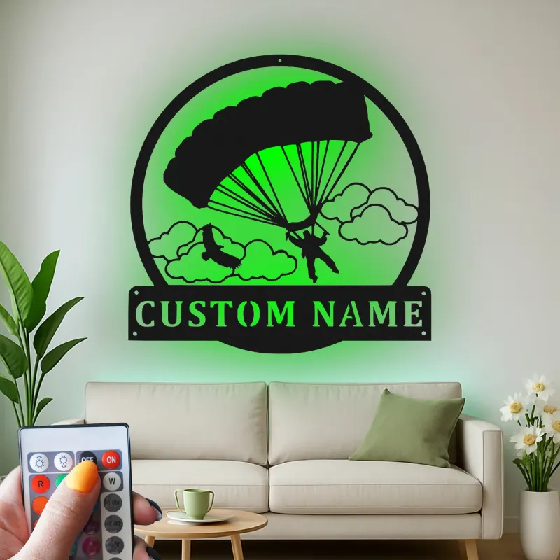 Personalisierte Skydiving LED-Leuchte | Individuelles Metallschild | Beleuchtete Fallschirmspringer-Silhouette | Geschenk für Abenteuerliebhaber