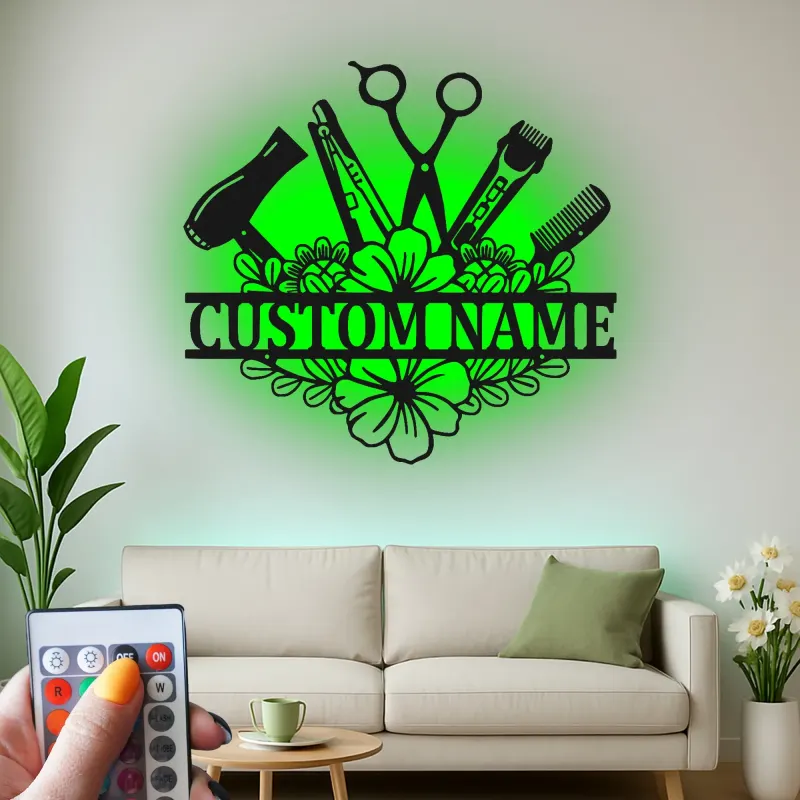 Insegna personalizzata per hairstylist | Decorazione murale LED in metallo su misura per salone | Regalo per parrucchiere e targhetta per beauty studio