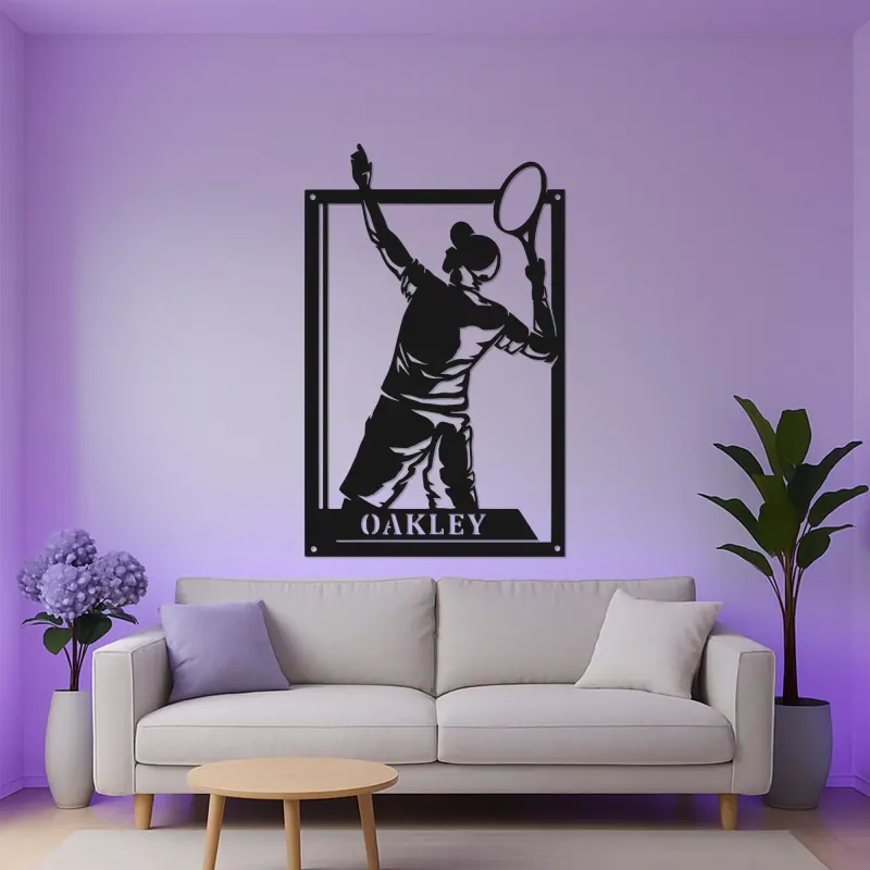 Personalized Tennis Player Metal Wall Art | Custom LED Name Sign for Game Room | Athlete Silhouette Decor