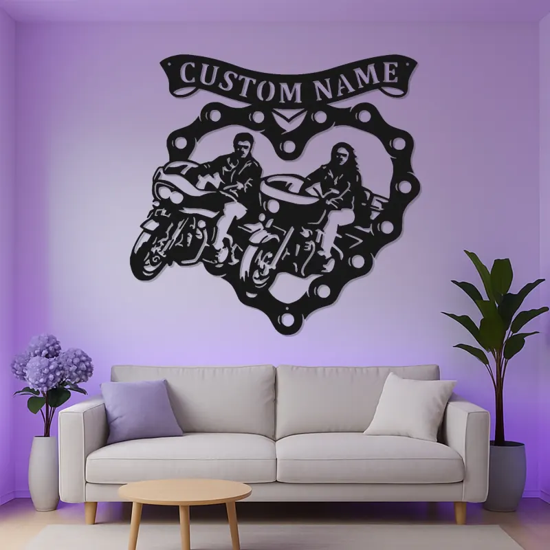Insegna LED Personalizzata con Moto | Arte Murale in Metallo per Coppia Biker | Silhouette di Cruiser Illuminata | Regalo per Decorazione Garage