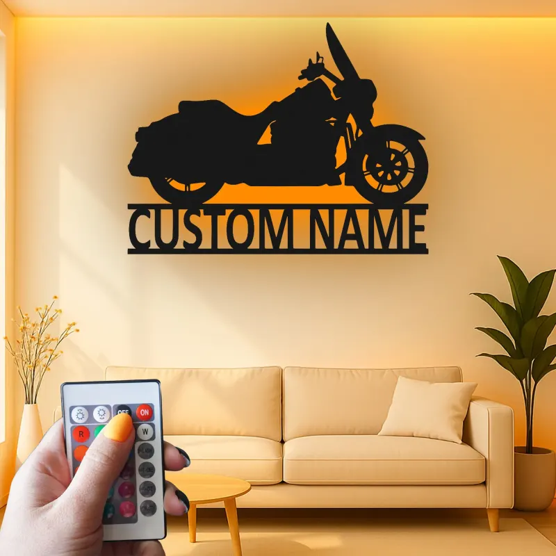 Custom Cruiser Motorcycle LED Sign | Black Metal Wall Art | Personalized Biker Silhouette | Man Cave Decor & Garage Gift for Him